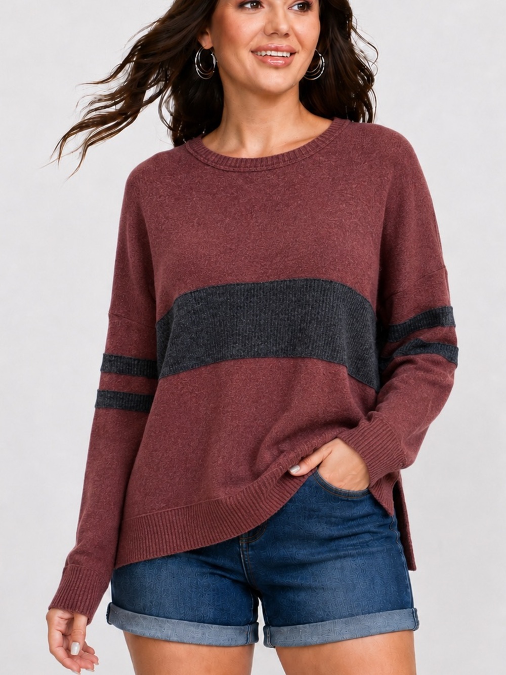 Modish Rebel Burgundy Colorblock Tunic Sweater Oversized Women's Large